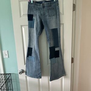New York & Company Light Wash Patchwork Flare Jeans - Blue